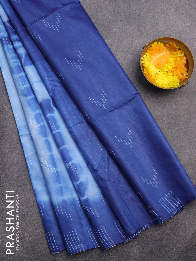 Bamboo saree light blue and blue with allover tie and dye & thread buttas and sequin work pallu