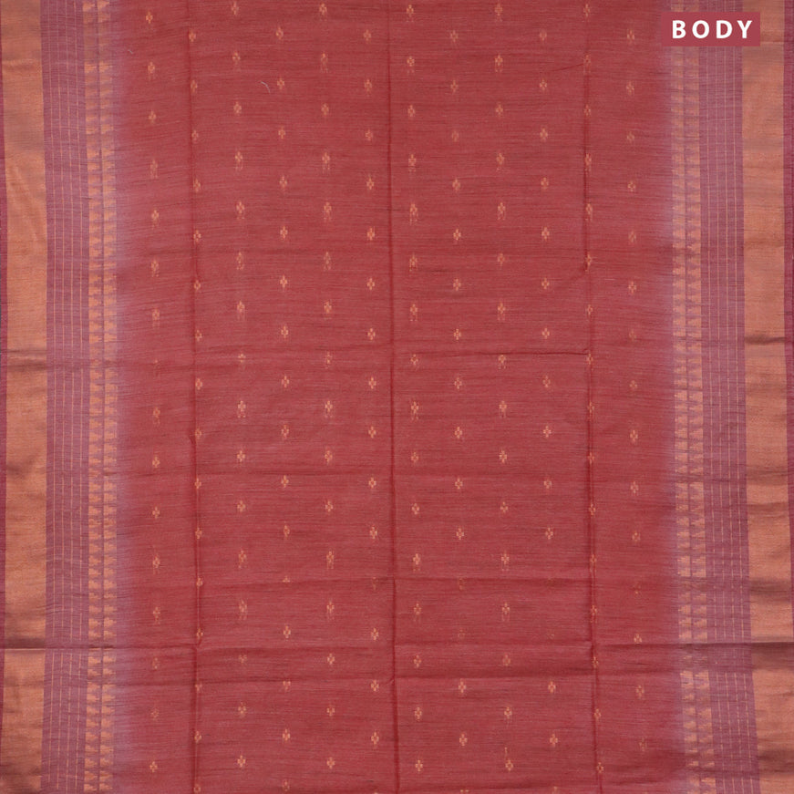 Bamboo saree pastel maroon and pink shade with allover copper zari woven buttas and temple design copper zari woven border