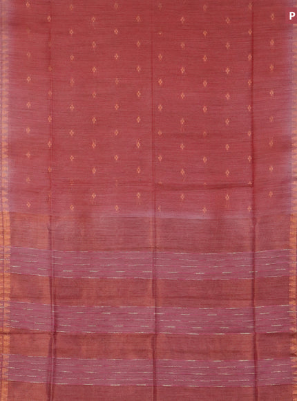 Bamboo saree pastel maroon and pink shade with allover copper zari woven buttas and temple design copper zari woven border