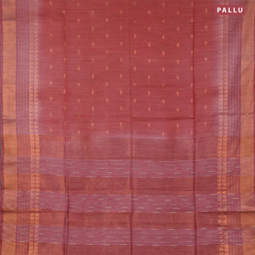 Bamboo saree pastel maroon and pink shade with allover copper zari woven buttas and temple design copper zari woven border