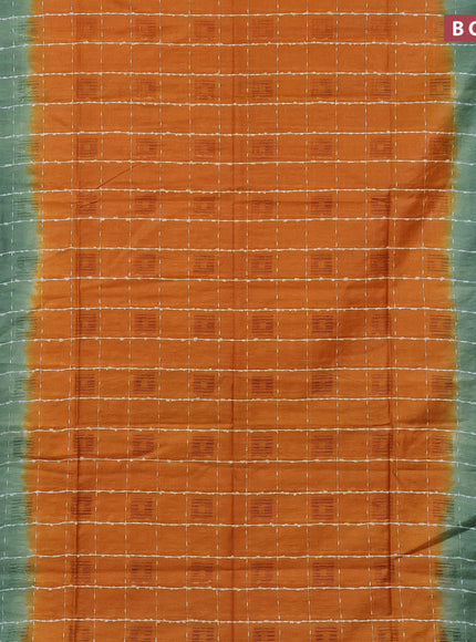 Bamboo saree orange and bottle green with allover thread checks & self emboss butta and sequin work pallu