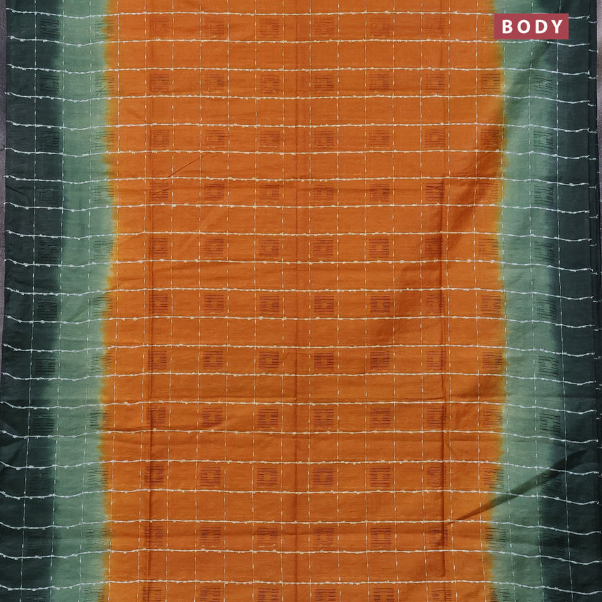 Bamboo saree orange and bottle green with allover thread checks & self emboss butta and sequin work pallu