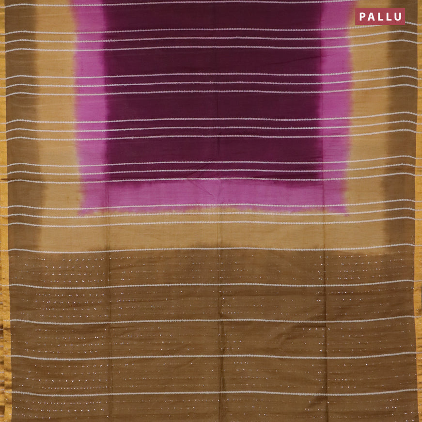 Bamboo saree wine shade and mustard green with allover thread woven stripes pattern and sequin work pallu