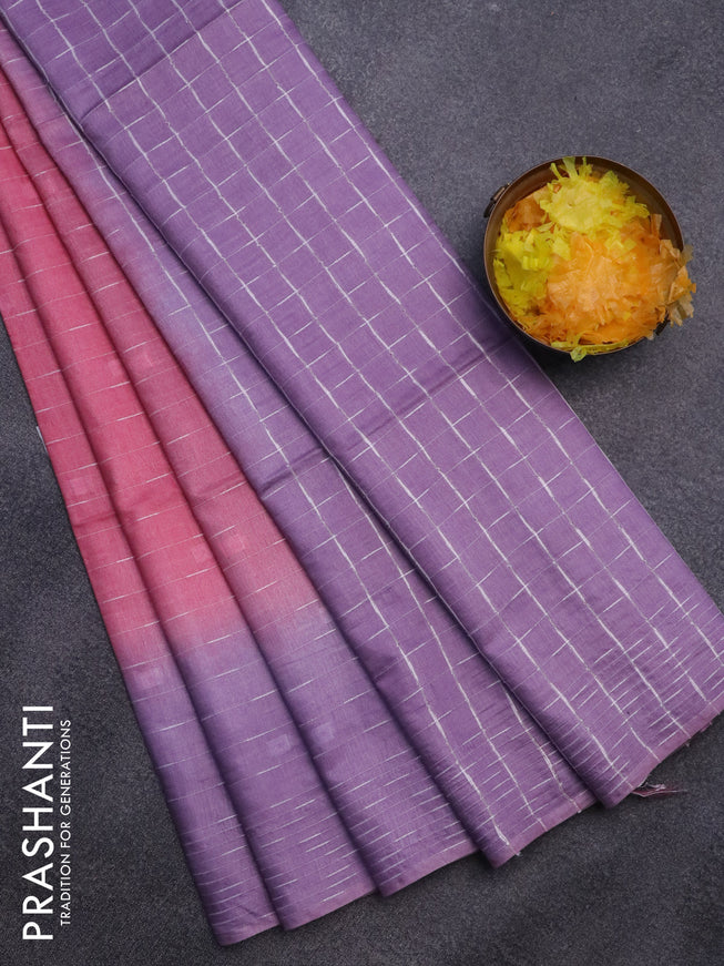 Bamboo saree peach pink and lavender with allover thread weaves and woven border