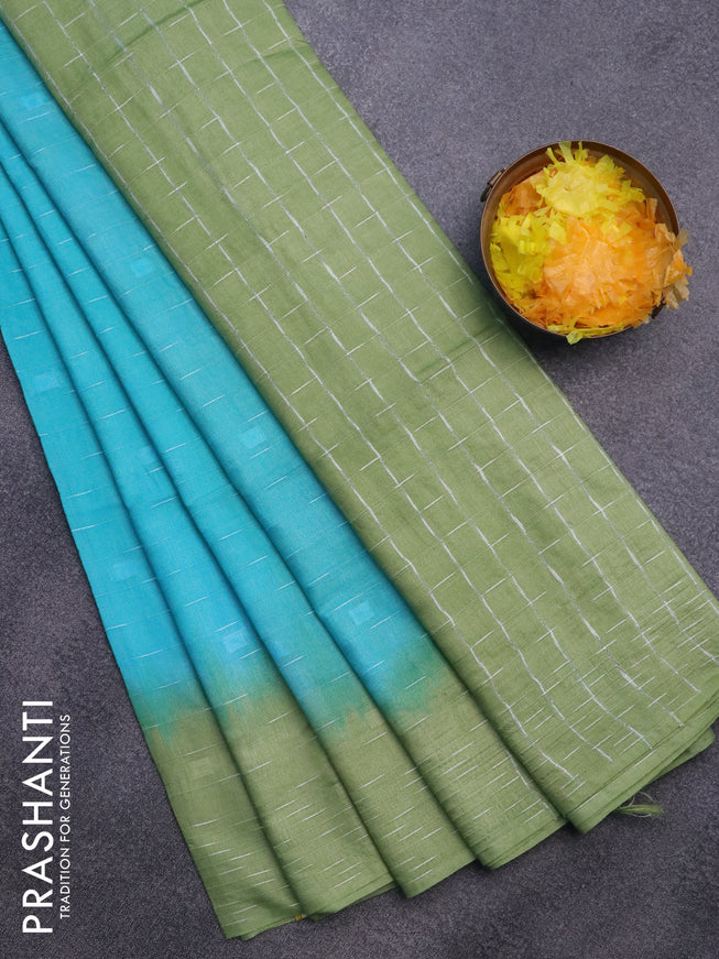 Bamboo saree teal blue and green with allover thread weaves and woven border