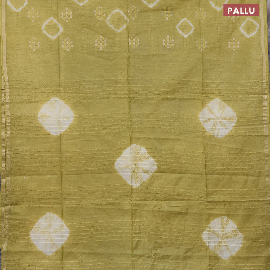 Bamboo saree light green with batik butta prints & zari buttas and small zari woven border