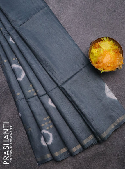 Bamboo saree grey with batik butta prints & zari buttas and small zari woven border