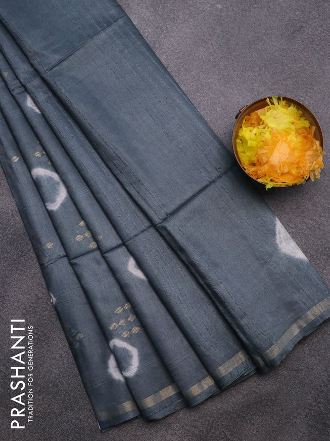 Bamboo saree grey with batik butta prints & zari buttas and small zari woven border