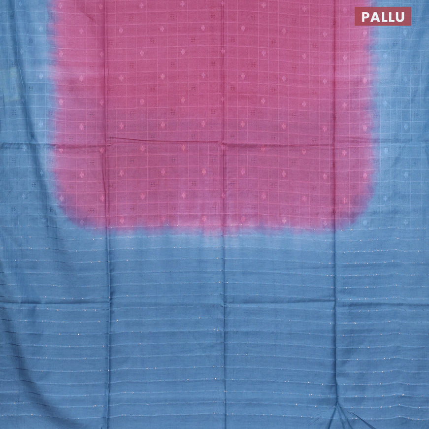 Bamboo saree pink and blue with allover thread checks & buttas and sequin work pallu