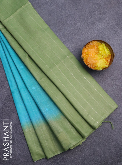 Bamboo saree teal blue and green with allover thread checks & buttas and sequin work pallu