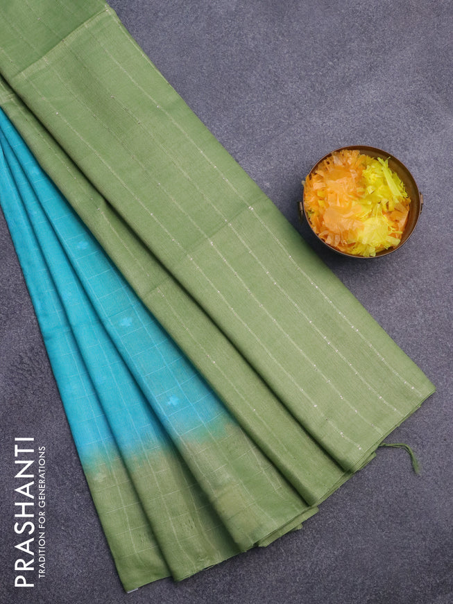 Bamboo saree teal blue and green with allover thread checks & buttas and sequin work pallu