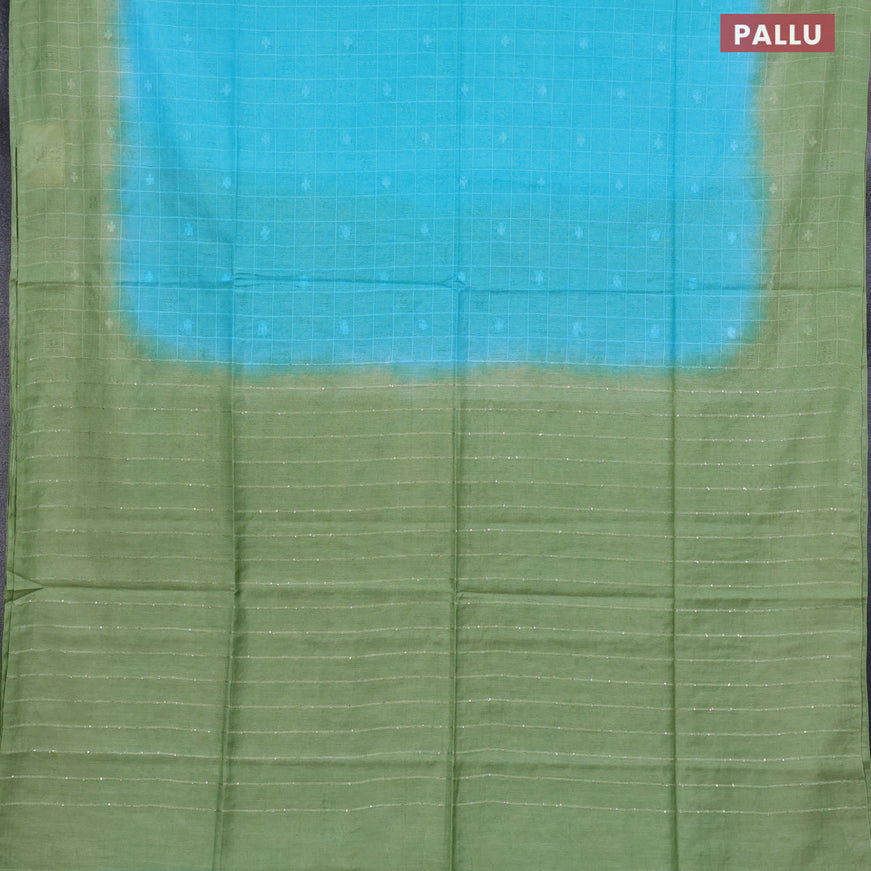 Bamboo saree teal blue and green with allover thread checks & buttas and sequin work pallu