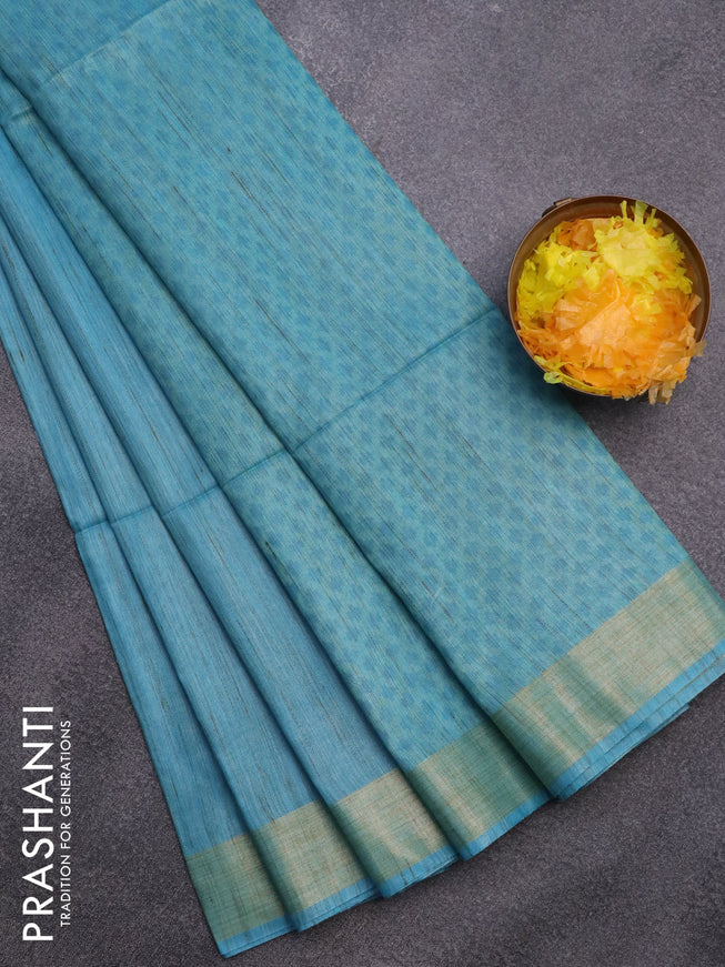 Bamboo saree light blue with plain body and zari woven border