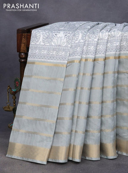 Semi chiniya saree off white and grey shade with madhubani prints and long zari woven border