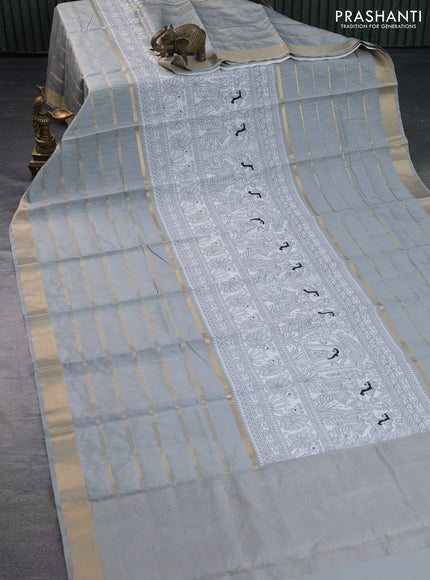 Semi chiniya saree off white and grey shade with madhubani prints and long zari woven border