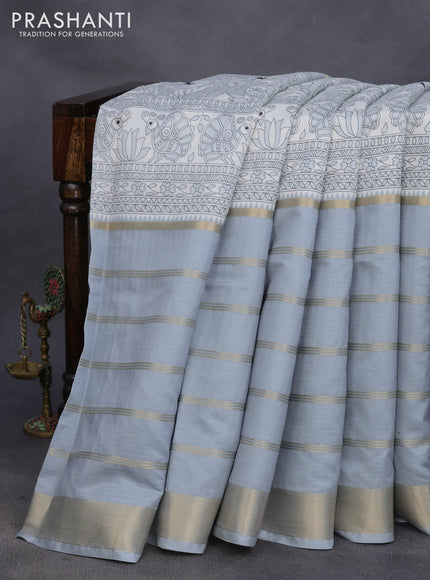 Semi chiniya saree off white and grey with madhubani prints and long zari woven border