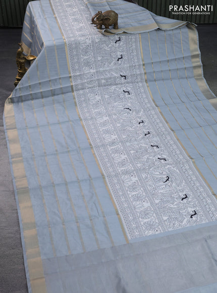 Semi chiniya saree off white and grey with madhubani prints and long zari woven border