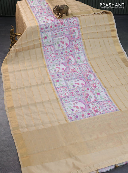 Semi chiniya saree off white and sandal with pichwai prints and long zari woven border