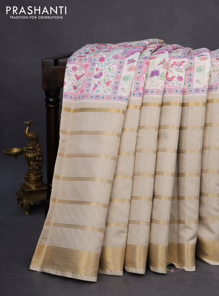 Semi chiniya saree off white and beige with pichwai prints and long zari woven border