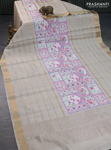 Semi chiniya saree off white and beige with pichwai prints and long zari woven border