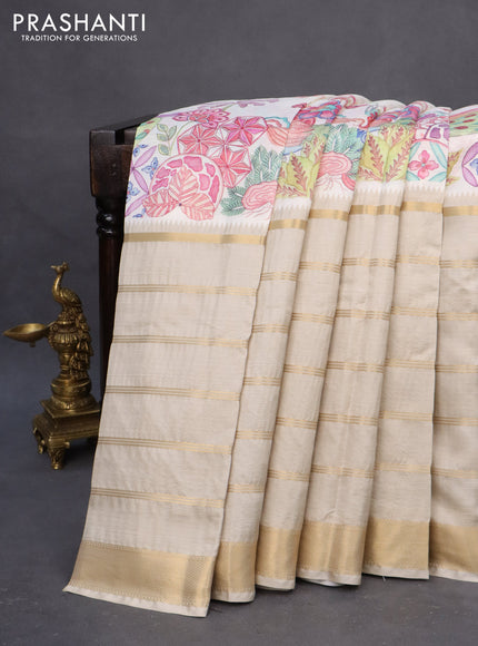 Semi chiniya saree off white and beige with prints and long zari woven border