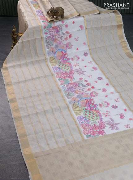 Semi chiniya saree off white and beige with prints and long zari woven border