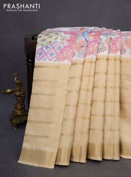 Semi chiniya saree off white and sandal with prints and long zari woven border