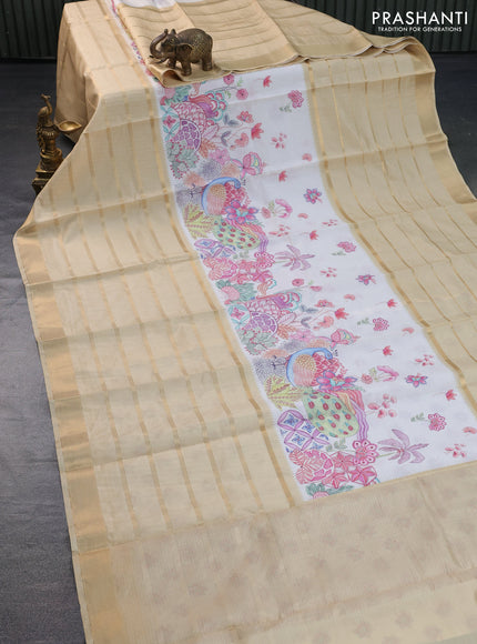 Semi chiniya saree off white and sandal with prints and long zari woven border