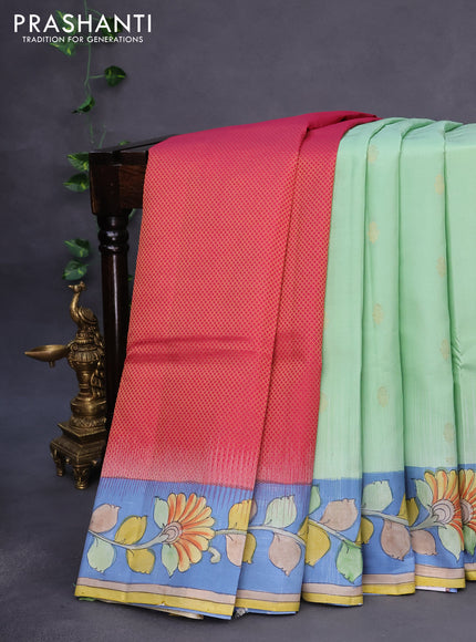 Pure soft silk saree pastel green and blue with zari woven buttas and digital kalamkari printed border