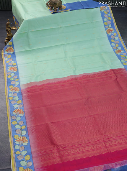 Pure soft silk saree pastel green and blue with zari woven buttas and digital kalamkari printed border