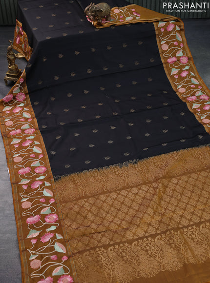 Kanchipuram soft silk saree black and mustard shade with zari woven buttas and pichwai design embroidery work border