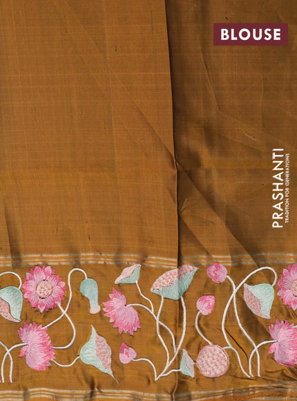 Kanchipuram soft silk saree black and mustard shade with zari woven buttas and pichwai design embroidery work border