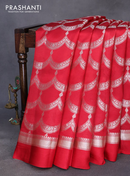 Banarasi poona silk saree red and dark green with allover zari weaves and zari woven simple border