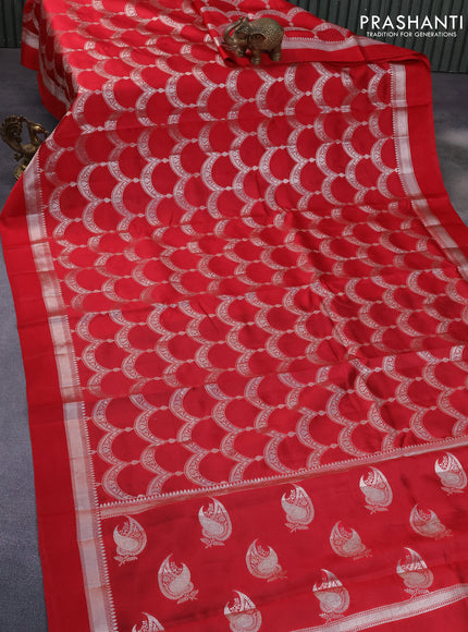 Banarasi poona silk saree red and dark green with allover zari weaves and zari woven simple border