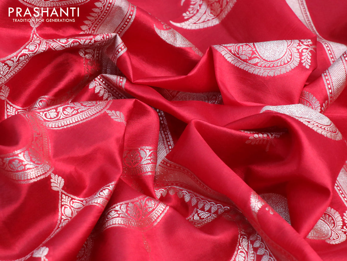 Banarasi poona silk saree red and dark green with allover zari weaves and zari woven simple border