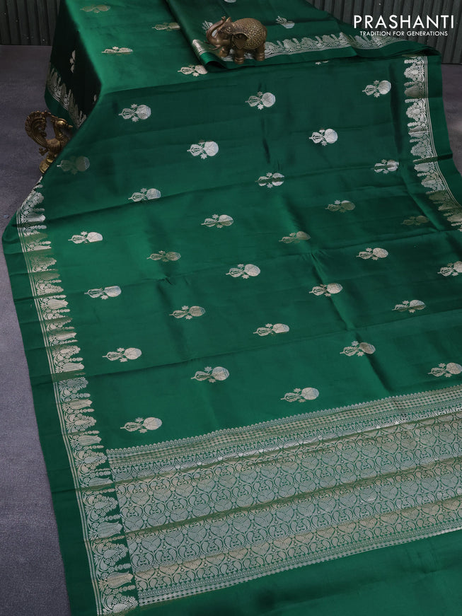 Banarasi poona silk saree dark green and red with zari woven buttas and zari woven border