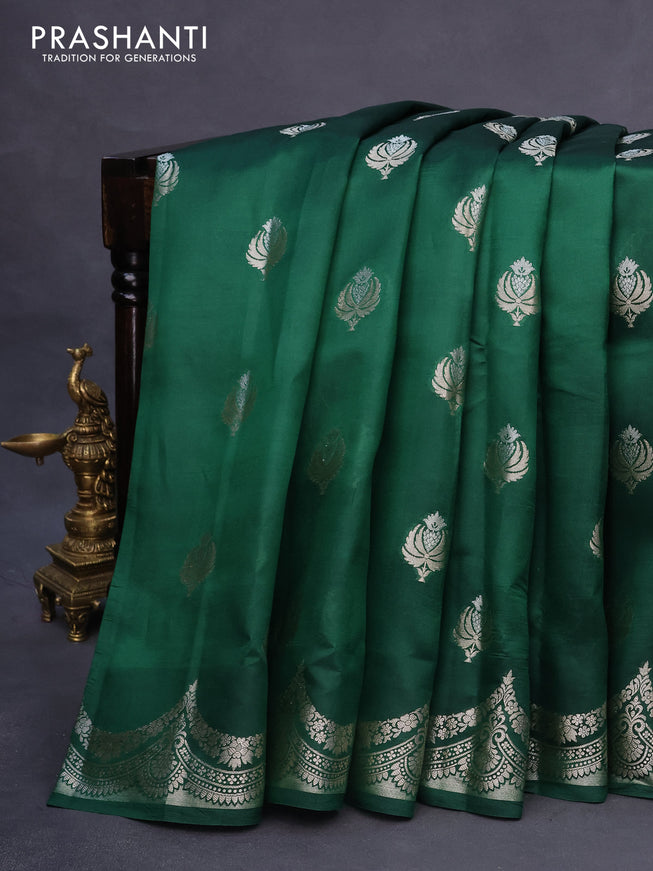 Banarasi poona silk saree dark green and maroon with zari woven buttas and zari woven border