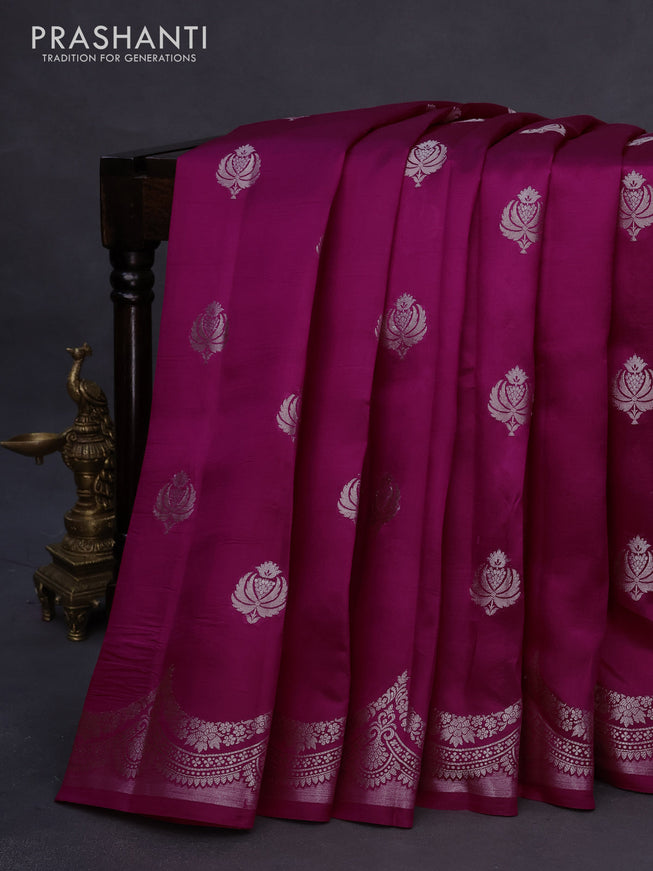 Banarasi poona silk saree magenta pink and deep violet with zari woven buttas and zari woven border