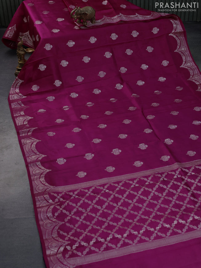 Banarasi poona silk saree magenta pink and deep violet with zari woven buttas and zari woven border