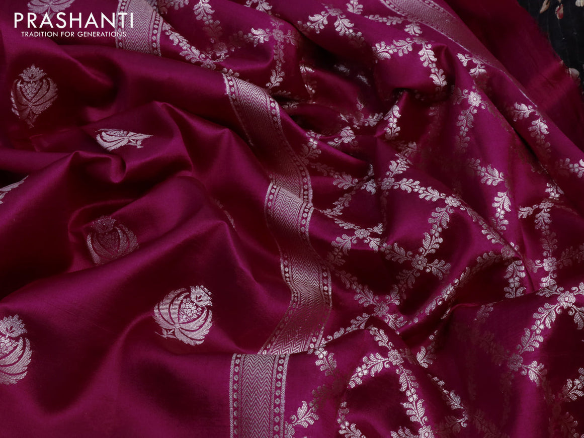 Banarasi poona silk saree magenta pink and deep violet with zari woven buttas and zari woven border