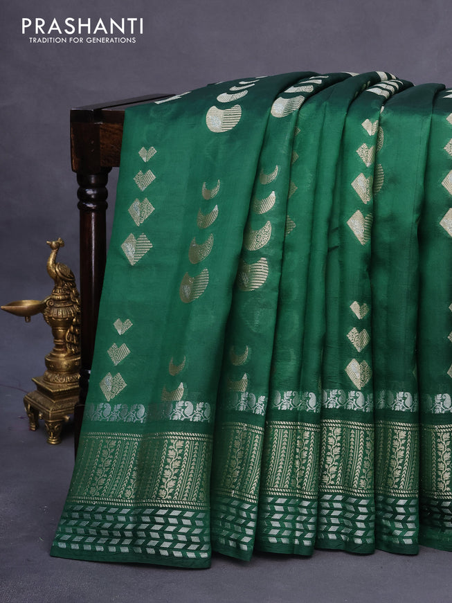 Banarasi poona silk saree green and red with allover geometric buttas and long zari woven border