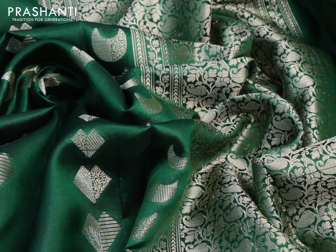 Banarasi poona silk saree green and red with allover geometric buttas and long zari woven border