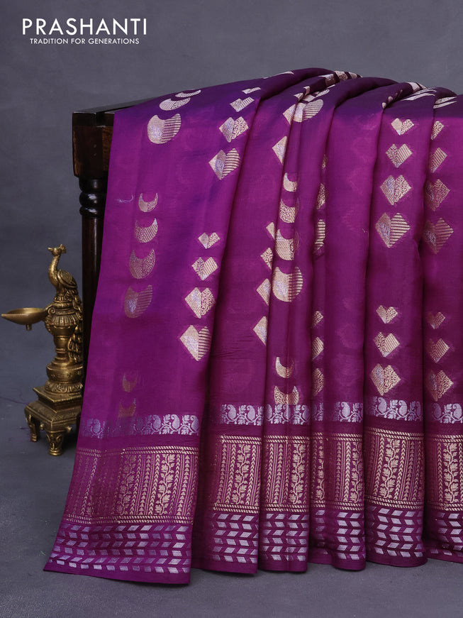 Banarasi poona silk saree wine shade and green with allover geometric buttas and long zari woven border