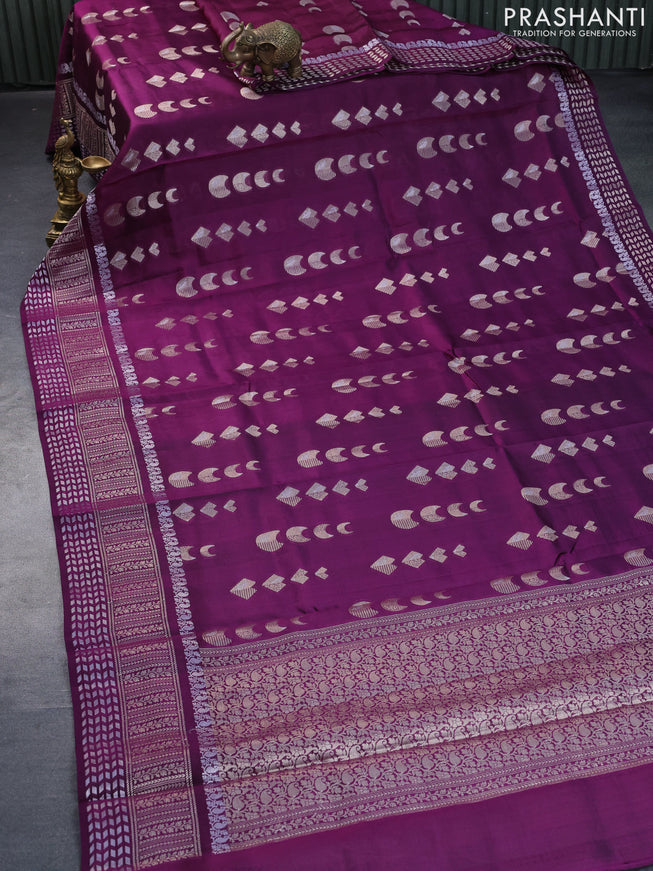 Banarasi poona silk saree wine shade and green with allover geometric buttas and long zari woven border