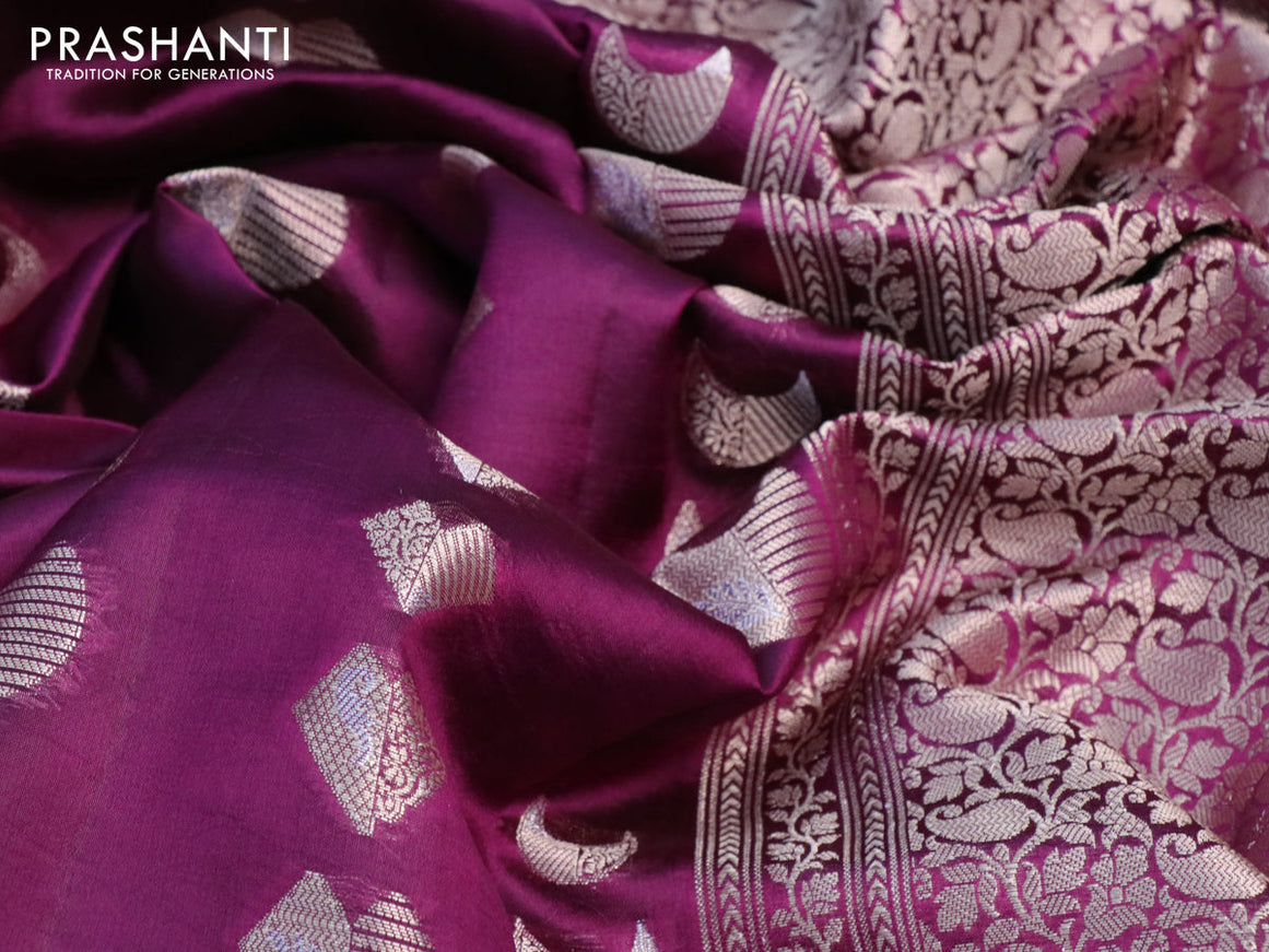 Banarasi poona silk saree wine shade and green with allover geometric buttas and long zari woven border