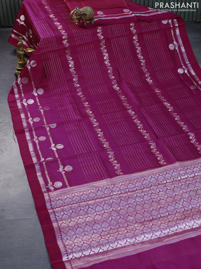 Banarasi poona silk saree dark pink and violet with allover zari weaves and long zari woven border