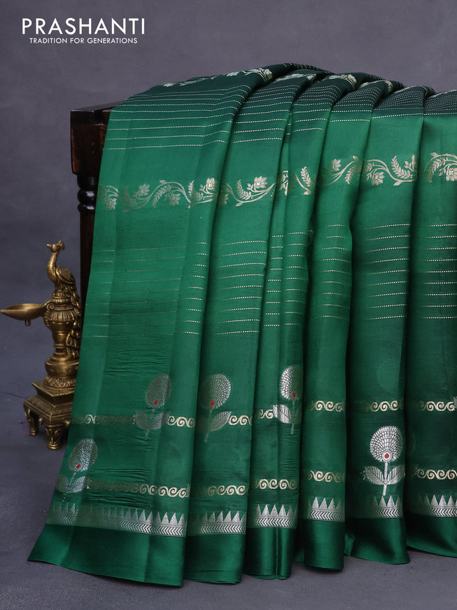 Banarasi poona silk saree dark green and red with allover zari weaves and long zari woven border