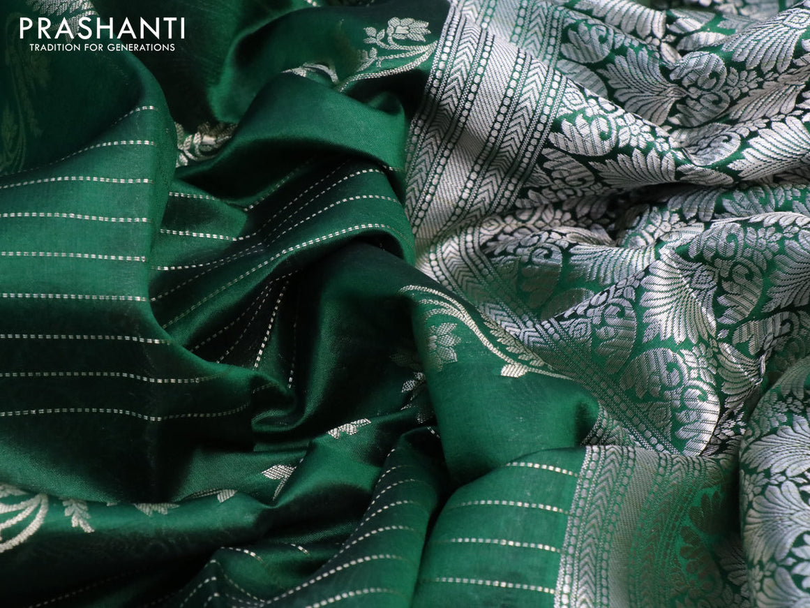 Banarasi poona silk saree dark green and red with allover zari weaves and long zari woven border