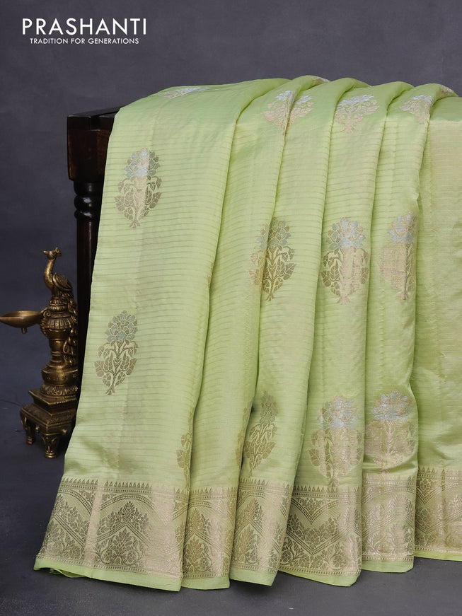 Banarasi poona silk saree pista green with allover zari stripe & buttas and zari woven border