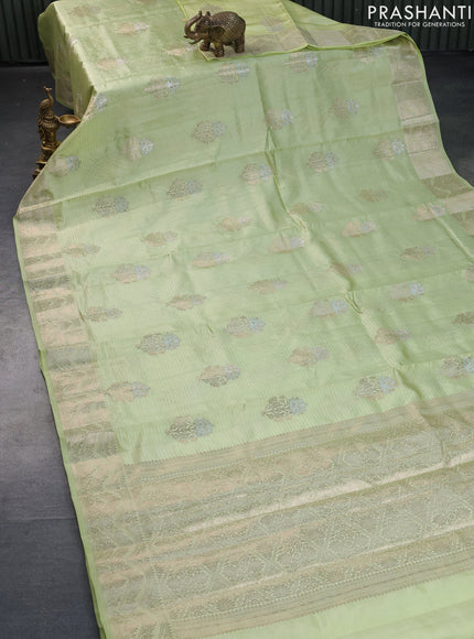 Banarasi poona silk saree pista green with allover zari stripe & buttas and zari woven border